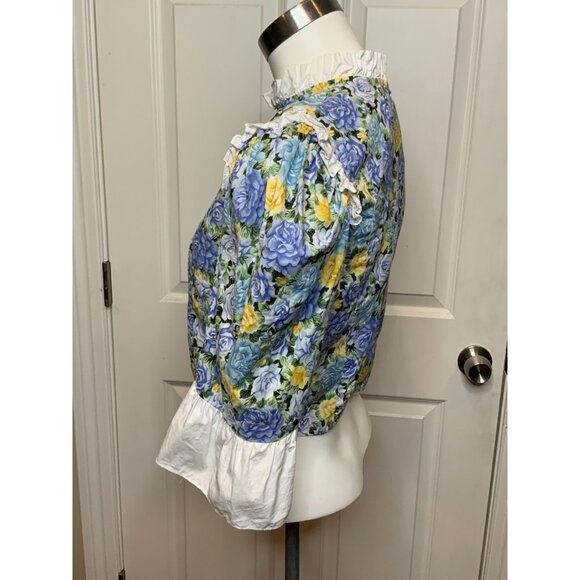 Batsheva Blue Floral Ruffle Puff Sleeve Cropped Top, Size 8 - Picture 4 of 8
